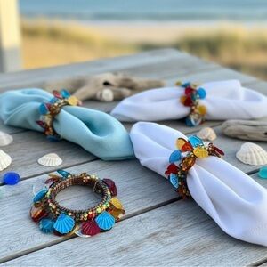 Set of 4 Beaded Colorful Glass and Metallic Seashell Napkin Rings